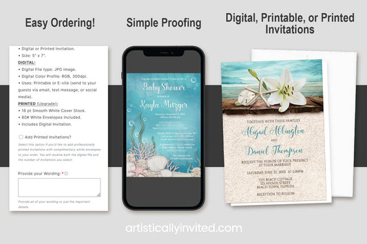 Visual guide showing how to order invitations with digital, printable, or printed options from Artistically Invited â includes ordering steps, proof image, and printed example
