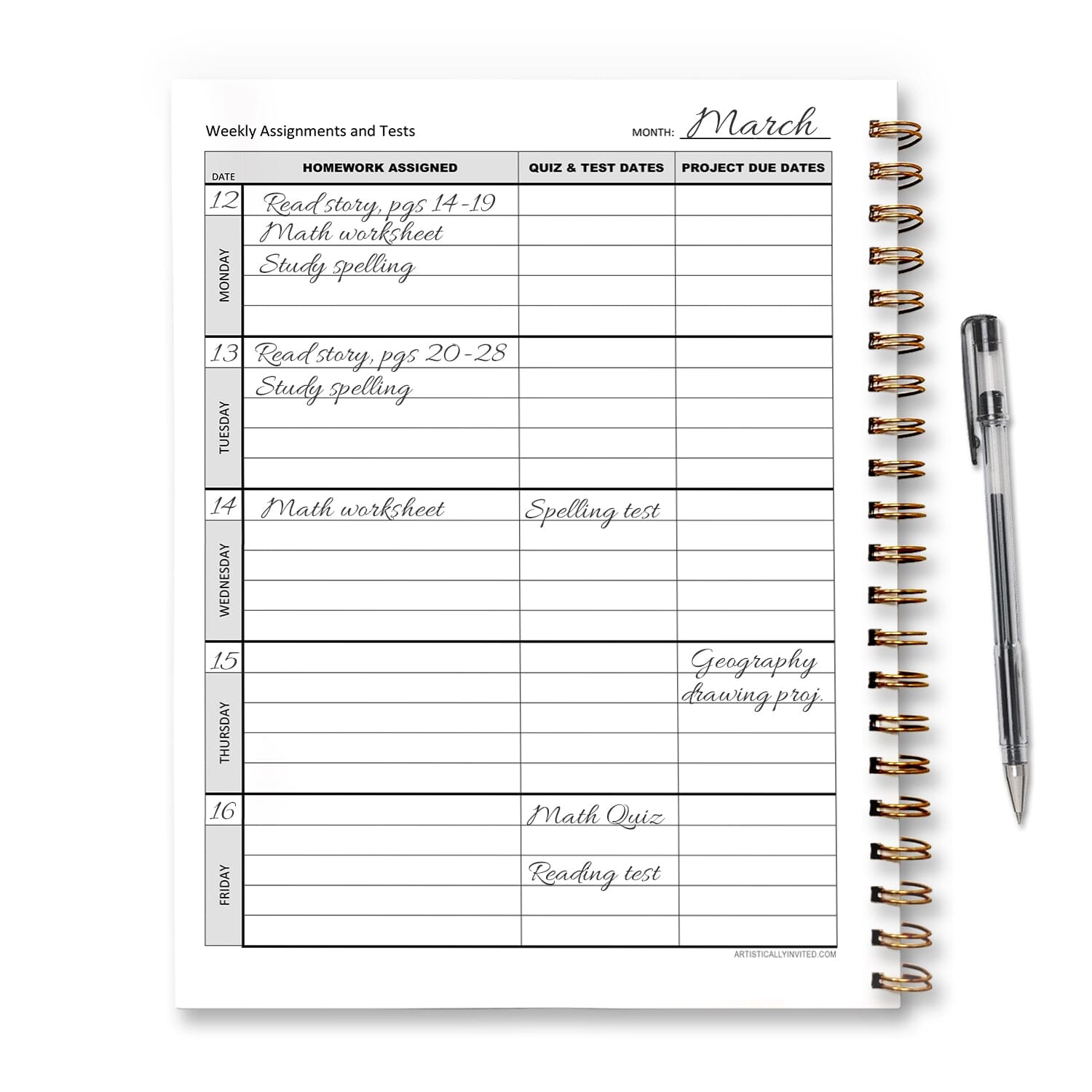 A view of the back side, left facing page in the Weekly Assignments Book with written examples of how to use it.