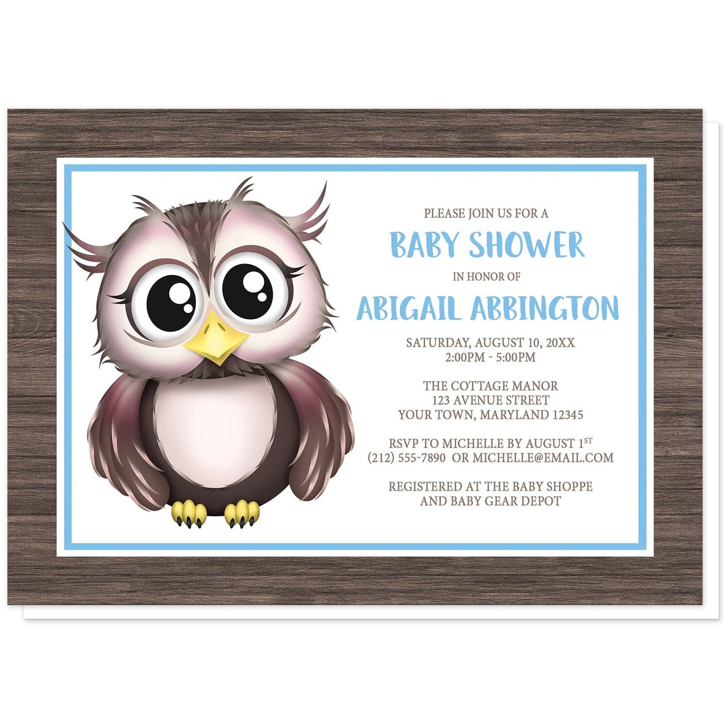 Adorable Owl Blue and Brown Baby Shower Invitation at Artistically Invited. Adorable owl blue and brown baby shower invitations with an illustration of a cute brown owl and a rustic brown wood frame background design. This cute little owl stands inside a white rectangle outlined in blue and white. The personalized information you provide for your baby shower celebration will be personalized in blue and brown over white to the right of the cute owl.