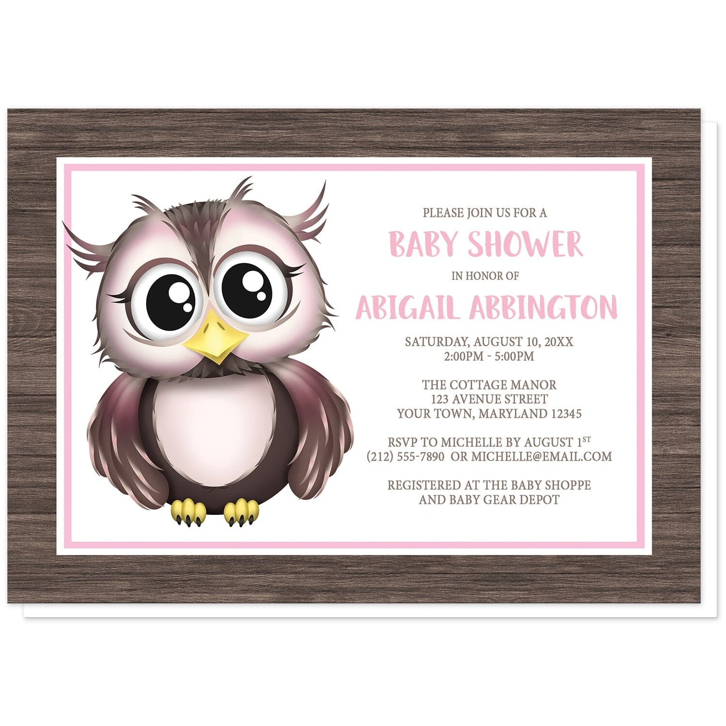 Adorable Owl Pink and Brown Baby Shower Invitations at Artistically Invited. Adorable owl pink and brown baby shower invitations with an illustration of a cute pink and brown owl and a rustic brown wood frame background design. This cute little owl stands inside a white rectangle outlined in pink and white. The personalized information you provide for your baby shower celebration will be arranged in pink and brown over white.