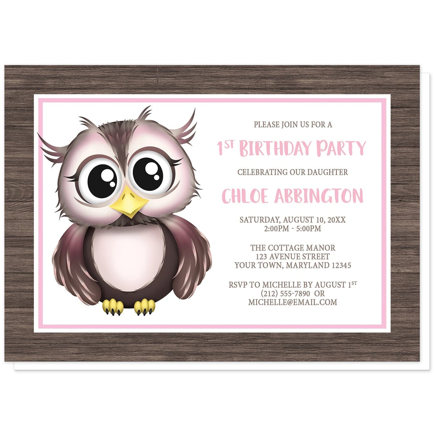 Adorable Owl Pink and Brown Birthday Party Invitations at Artistically Invited. Adorable owl pink and brown birthday party invitations for a 1st birthday or other year or milestone that are illustrated with a cute pink and brown owl and a rustic brown wood frame design. The personalized information you provide for your owl birthday party celebration will be arranged in pink and brown over white next to the adorable owl.