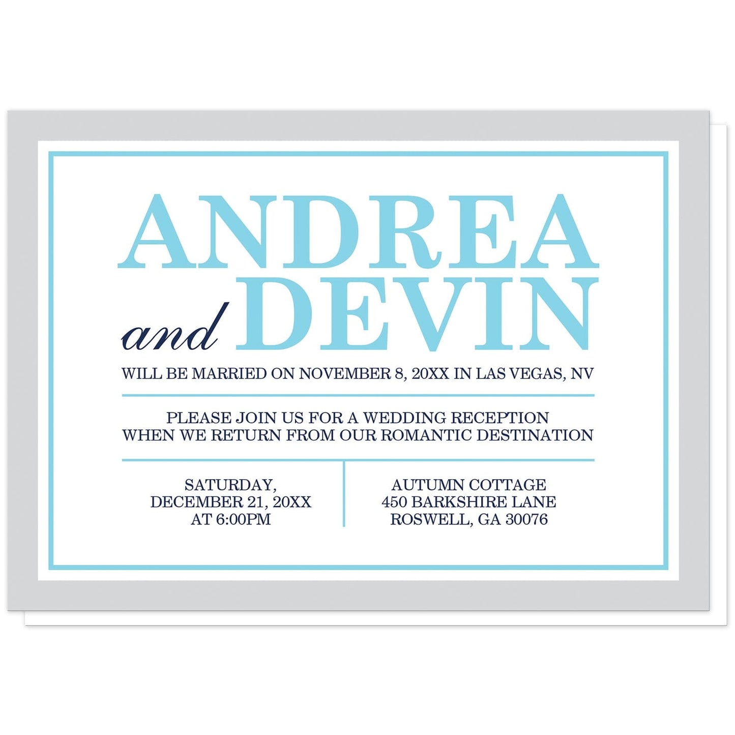Aqua Navy Gray Winter Reception Only Invitations at Artistically Invited. Aqua navy gray winter reception only invitations with a simple minimalist aqua blue, navy blue, and light gray typography design. Your personalized reception only invitation details are custom printed in aqua and navy blue. The edge of these invitations has a gray and aqua blue border. They're perfect for winter wedding receptions and for wedding celebrations that have an aqua, navy, and gray color scheme.