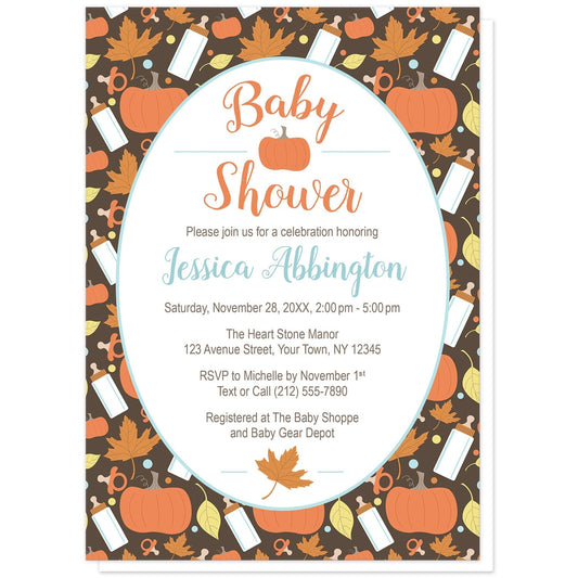 Autumn Baby Pumpkin Pattern Baby Shower Invitations at Artistically Invited. Autumn baby pumpkin pattern baby shower invitations with a cute pattern mixing fall pumpkins and leaves with baby bottles and pacifiers. Your personalized autumn baby shower invitation details are arranged in orange, light teal, and brown in a white oval over this adorable illustrated fall baby pattern background.