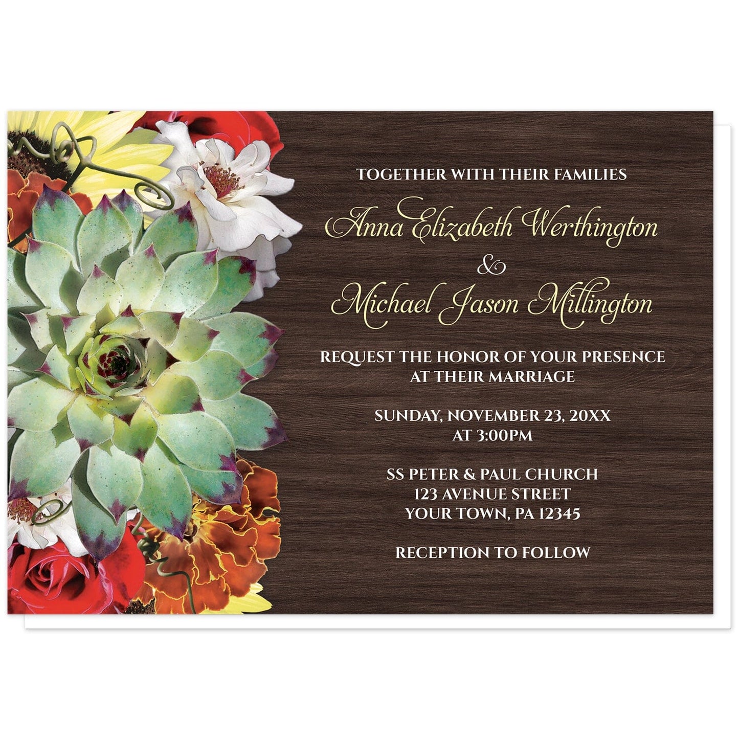 Autumn Floral Bouquet Wood Wedding Invitations at Artistically Invited. Autumn floral bouquet wood wedding invitations with a floral bouquet theme that includes a green succulent, yellow sunflowers, white and red roses, and a marigold over a dark brown rustic wood background design. Your personalized wedding details are arranged in white and a muted yellow over the wood background.