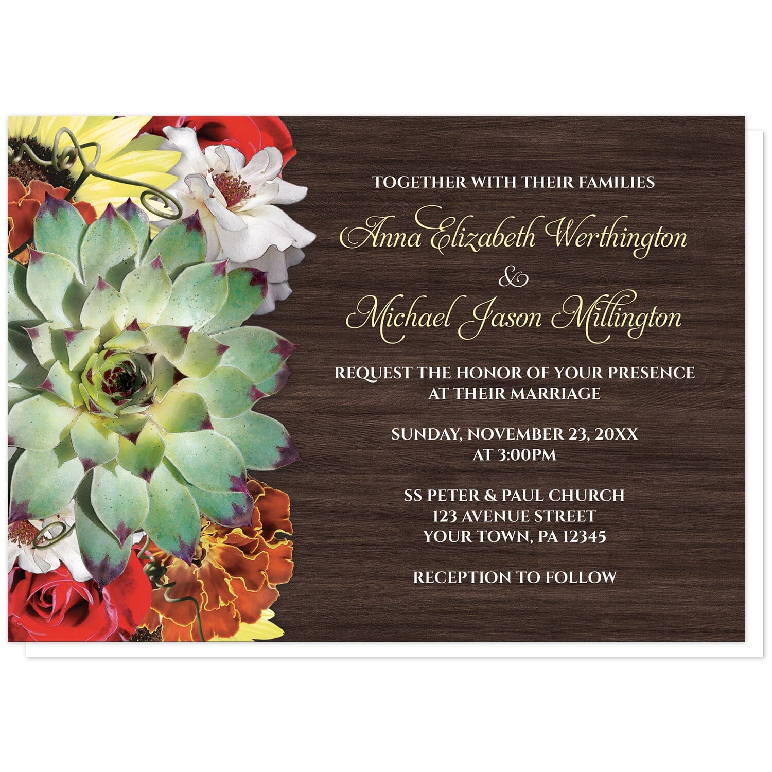 Autumn Floral Bouquet Wood Wedding Invitations at Artistically Invited. Autumn floral bouquet wood wedding invitations with a floral bouquet theme that includes a green succulent, yellow sunflowers, white and red roses, and a marigold over a dark brown rustic wood background design. Your personalized wedding details are arranged in white and a muted yellow over the wood background.