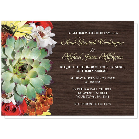 Autumn Floral Bouquet Wood Wedding Invitations at Artistically Invited. Autumn floral bouquet wood wedding invitations with a floral bouquet theme that includes a green succulent, yellow sunflowers, white and red roses, and a marigold over a dark brown rustic wood background design. Your personalized wedding details are arranged in white and a muted yellow over the wood background.