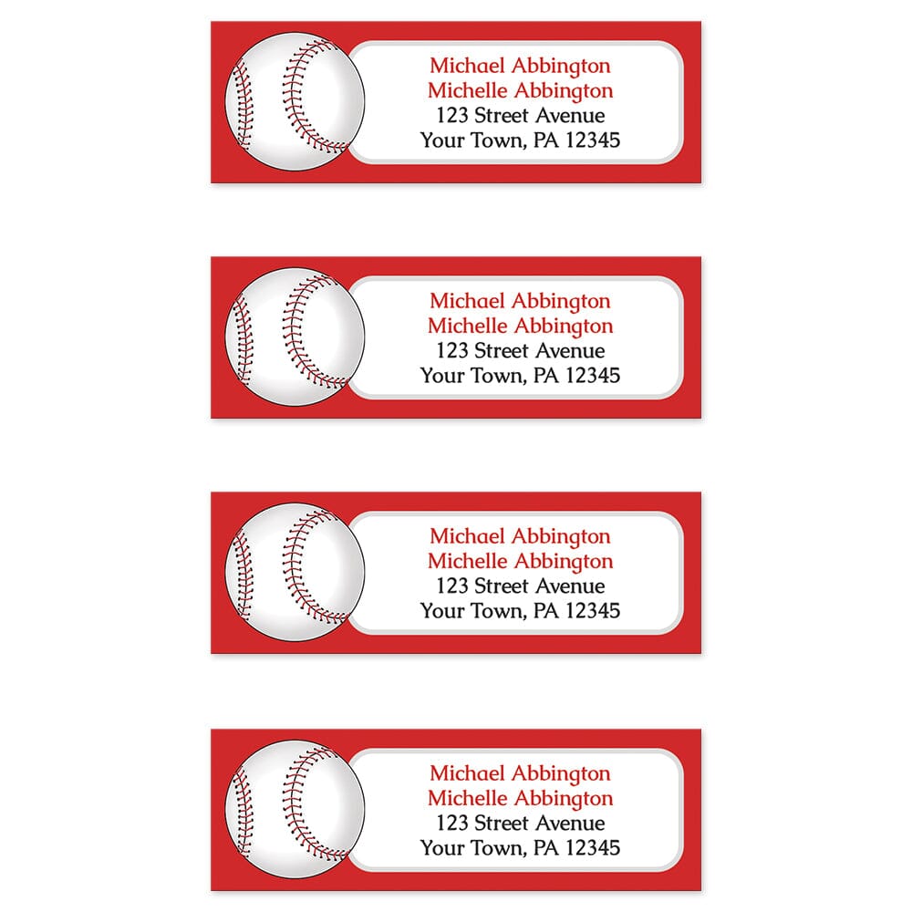 Red Baseball Return Address Labels (4 per sheet of labels) at Artistically Invited. Red baseball return address labels personalized with your address. They're illustrated with a white baseball on the left side over a red background. Your personalized return address is custom printed in red and black in a white rectangular area next to the baseball.