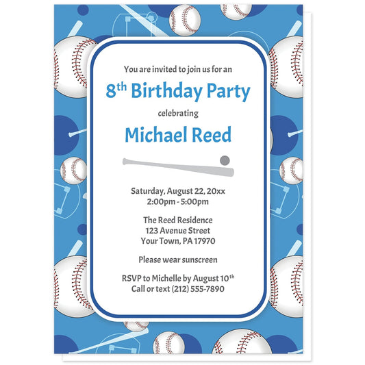 Baseball Themed Blue Pattern Birthday Party Invitations at Artistically Invited. Baseball themed blue pattern birthday party invitations for any age or milestone that are uniquely illustrated with a baseball pattern with baseballs, baseball bats, and baseball diamonds, over a blue background color. Your personalized birthday party details are arranged in blue and gray over white in the center.