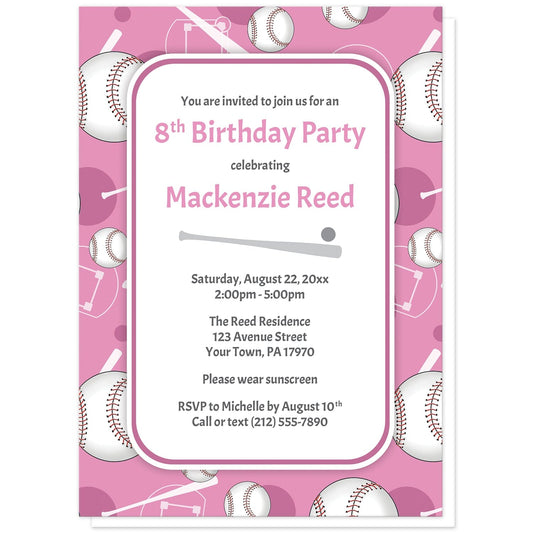 Baseball Themed Pink Pattern Birthday Party Invitations at Artistically Invited. Baseball themed pink pattern birthday party invitations for any age or milestone that are uniquely illustrated with a baseball pattern with baseballs, baseball bats, and baseball diamonds, over a pink background color. Your personalized birthday party details are arranged in pink and gray over white in the center.