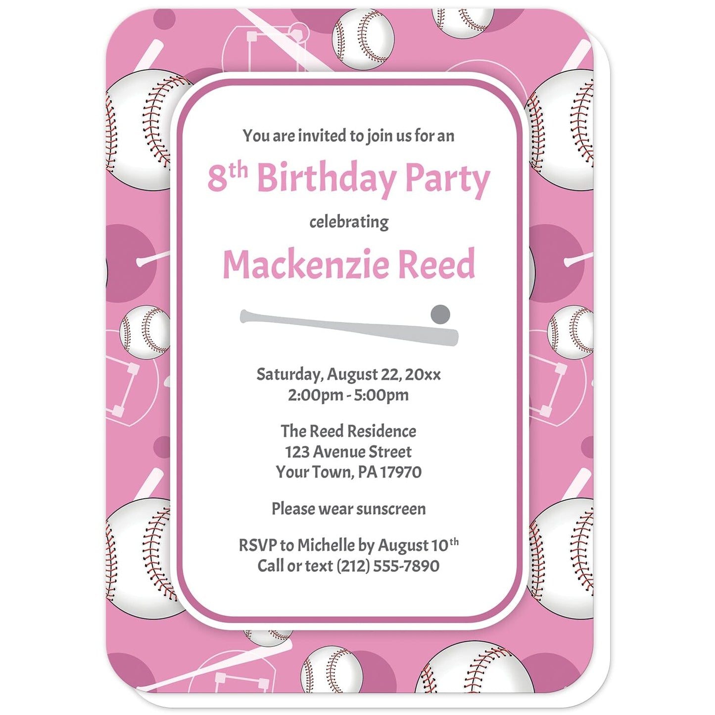 Baseball Themed Pink Pattern Birthday Party Invitations (with rounded corners) at Artistically Invited. Baseball themed pink pattern birthday party invitations for any age or milestone that are uniquely illustrated with a baseball pattern with baseballs, baseball bats, and baseball diamonds, over a pink background color. Your personalized birthday party details are custom printed in pink and gray over white in the center.