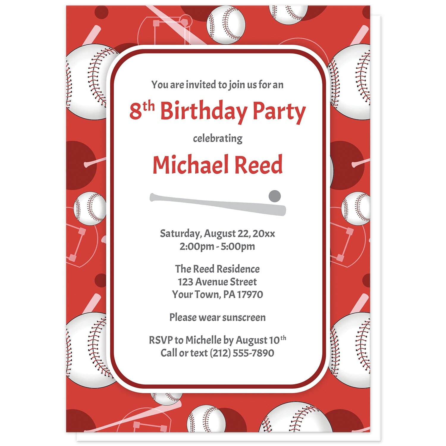 Baseball Themed Red Pattern Birthday Party Invitations at Artistically Invited. Baseball themed red pattern birthday party invitations for any age or milestone that are uniquely illustrated with a baseball pattern with baseballs, baseball bats, and baseball diamonds, over a red background color. Your personalized birthday party details are arranged in red and gray over white in the center.