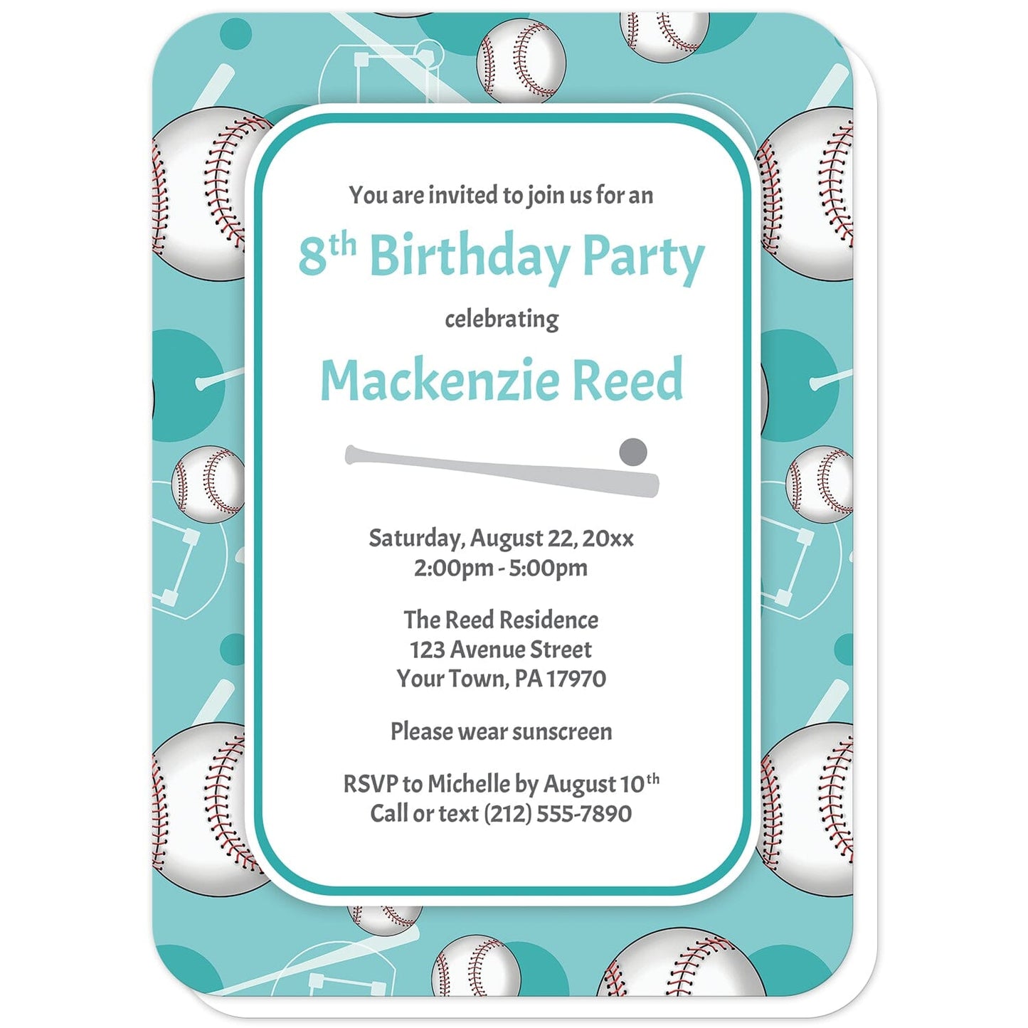 Baseball Themed Teal Pattern Birthday Party Invitations (with rounded corners) at Artistically Invited. Baseball themed teal pattern birthday party invitations for any age or milestone that are uniquely illustrated with a baseball pattern with baseballs, baseball bats, and baseball diamonds, over a teal background color. Your personalized birthday party details are custom printed in teal and gray over white in the center.