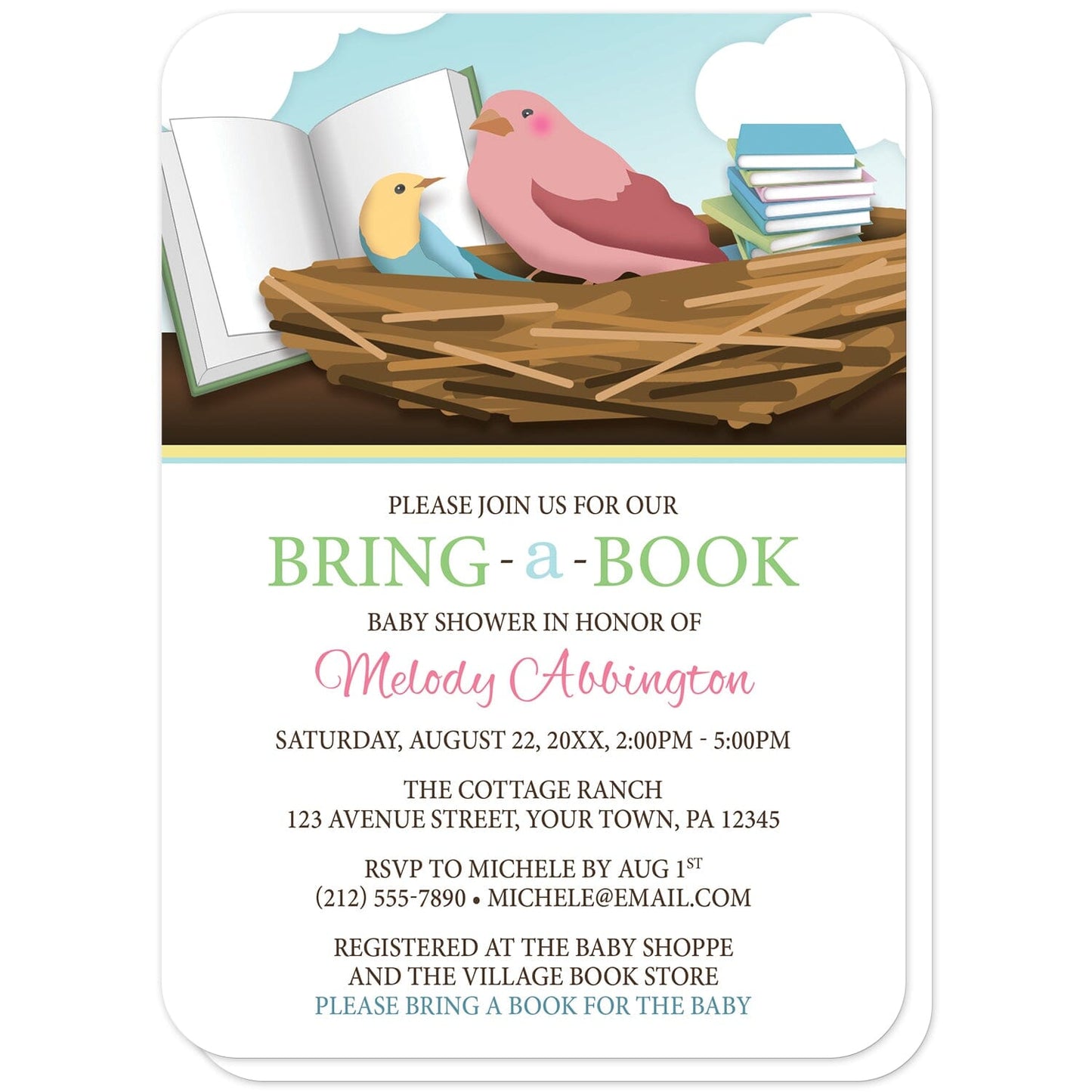Bird Nest Bring a Book Baby Shower Invitations (with rounded corners) at Artistically Invited. Cute bird nest bring a book baby shower invitations with an illustration of a mommy bird and baby bird in a nest, reading a large open book together. A tall stack of books sits in the nest beside them. Your personalized baby shower celebration details are custom printed in green, blue, pink, and brown over white.