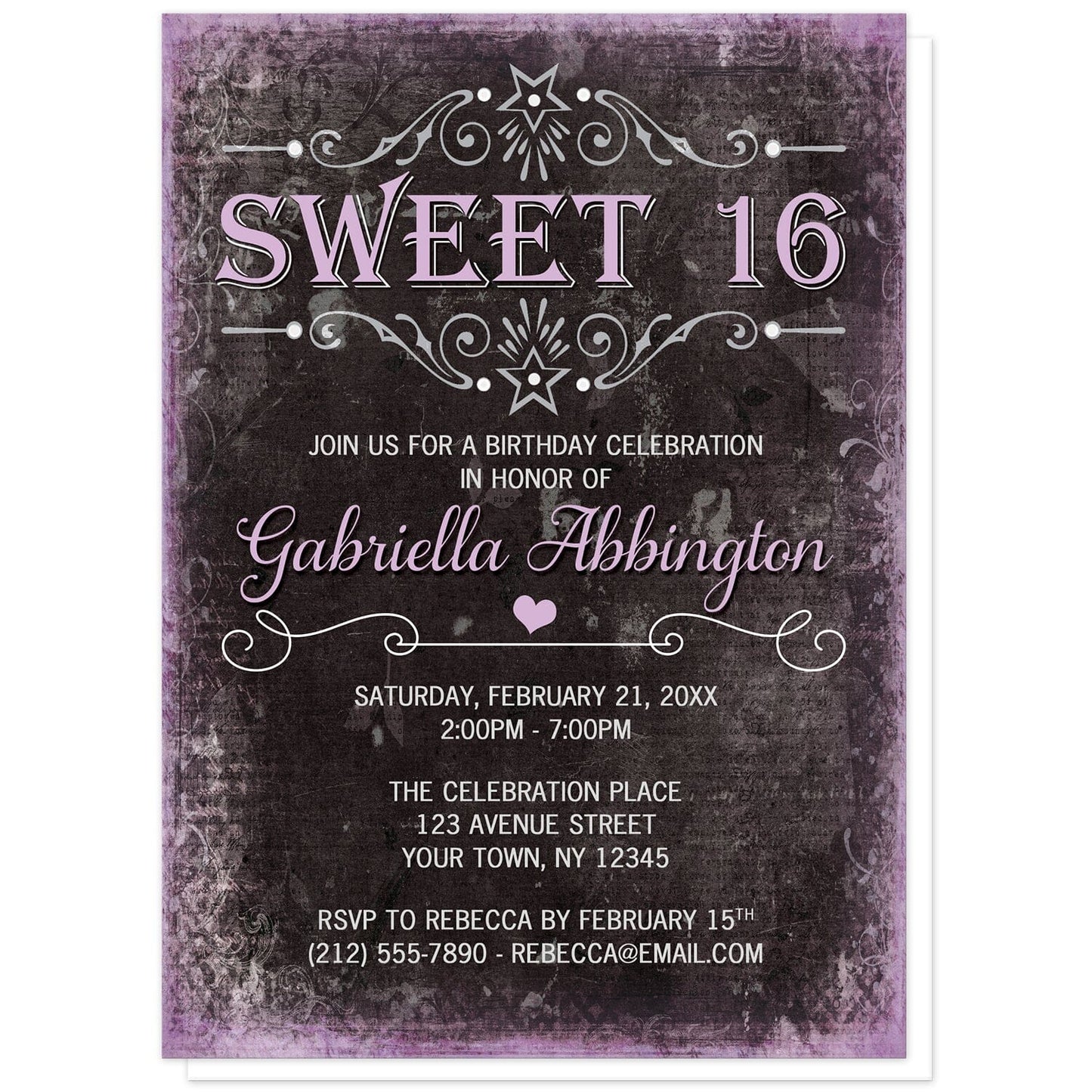 Black Grunge Purple Sweet 16 Invitations at Artistically Invited. Alternative-style black grunge purple sweet 16 invitations with a stylized black background and distressed purple-colored edges. Your personalized sweet sixteen birthday party details are arranged in white and light purple fonts using modern and girly typography with flourish line borders between some of the wording.