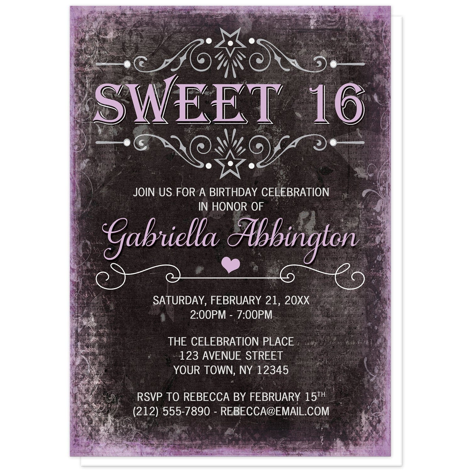 Black Grunge Purple Sweet 16 Invitations at Artistically Invited. Alternative-style black grunge purple sweet 16 invitations with a stylized black background and distressed purple-colored edges. Your personalized sweet sixteen birthday party details are arranged in white and light purple fonts using modern and girly typography with flourish line borders between some of the wording.