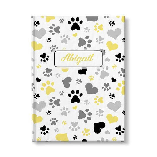 Personalized Black Yellow Hearts and Paw Prints Journal at Artistically Invited.