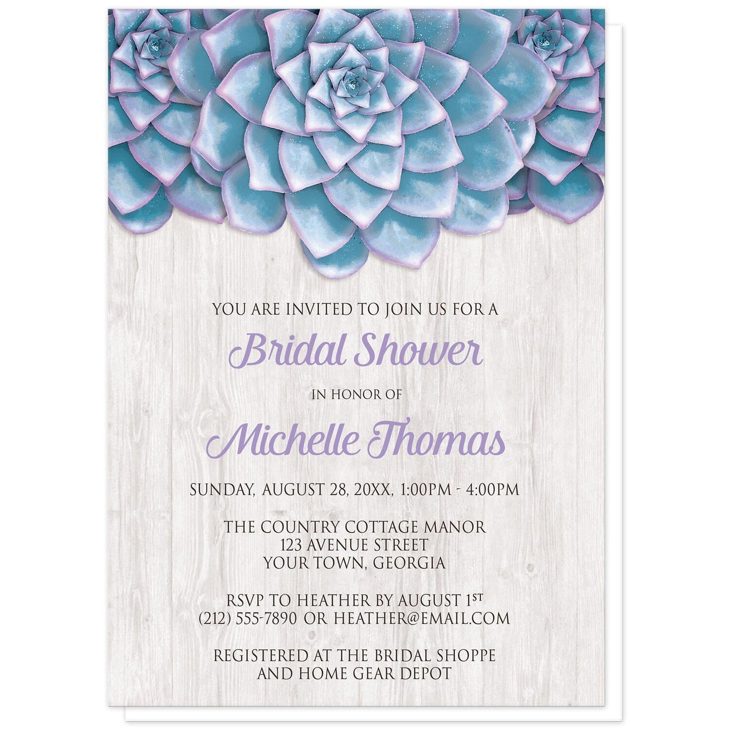 Blue Purple Succulent Whitewashed Wood Bridal Shower Invitations at Artistically Invited. Uniquely illustrated blue purple succulent whitewashed wood bridal shower invitations with three large and lovely blue succulents with purple tips along the top of the invitations. Your personalized bridal shower celebration details are arranged in purple and dark gray over a light whitewashed wood background illustration below the blue succulents.