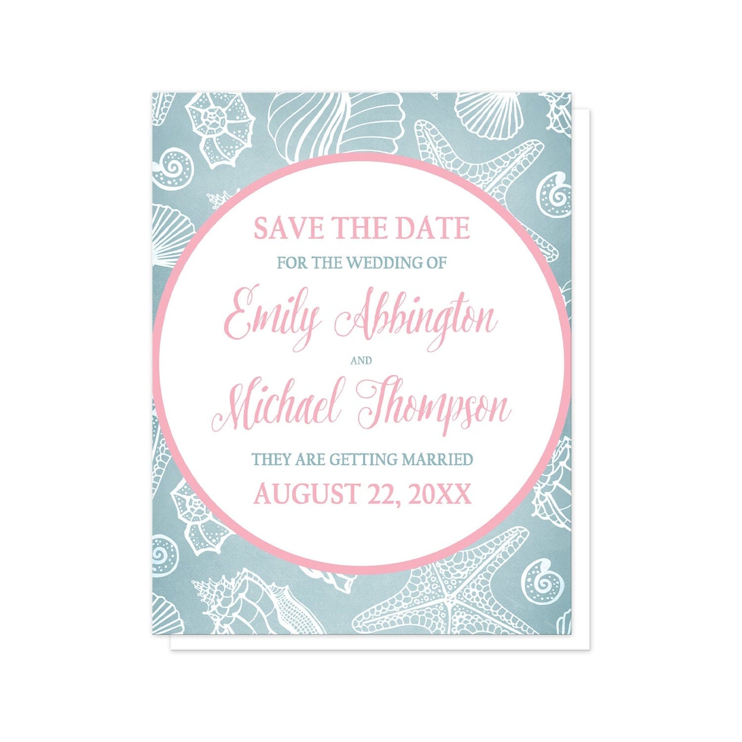 Blue Seashell Pink Beach Save the Date Cards at Artistically Invited. Blue seashell pink beach save the date cards designed with your personalized wedding announcement details arranged in pink and blue, inside a pink outlined white circle, over a blue and white seashell pattern background.