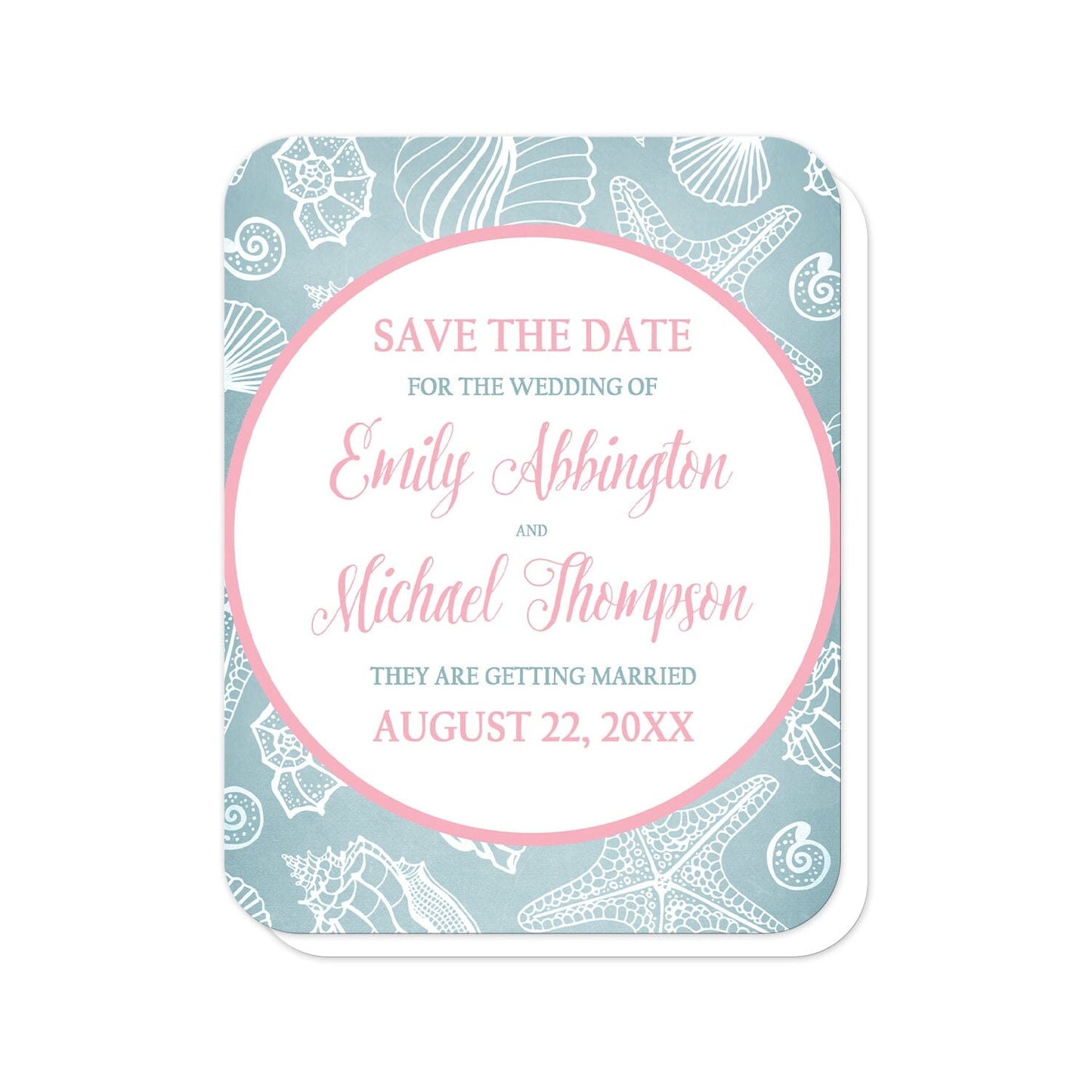Blue Seashell Pink Beach Save the Date Cards (with rounded corners) at Artistically Invited. Blue seashell pink beach save the date cards designed with your personalized wedding announcement details custom printed in pink and blue, inside a pink outlined white circle, over a blue and white seashell pattern background.