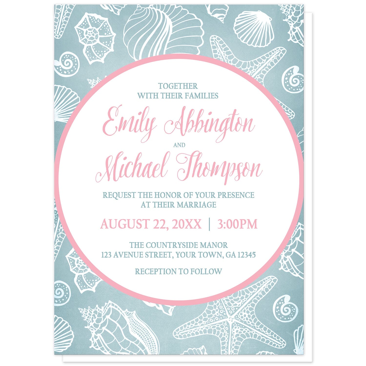 Blue Seashell Pink Beach Wedding Invitations – Artistically Invited