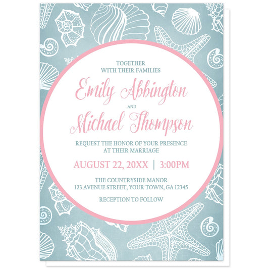 Blue Seashell Pink Beach Wedding Invitations at Artistically Invited. Blue seashell pink beach wedding invitations designed with your personalized marriage celebration details arranged in pink and blue, inside a pink outlined white circle, over a blue and white seashell pattern background.