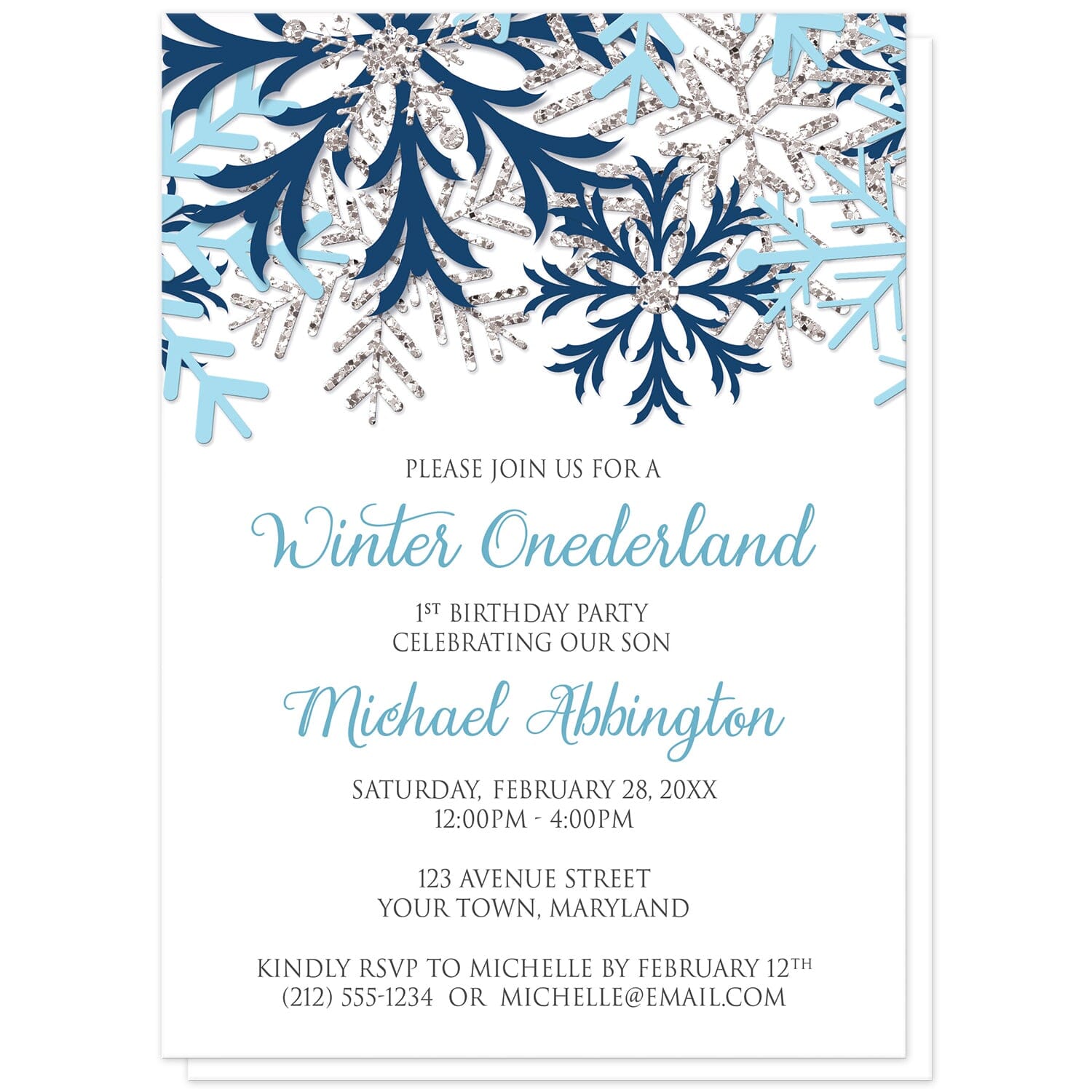 Blue Silver Snowflake 1st Birthday Winter Onederland Invitations at Artistically Invited. Pretty blue silver snowflake 1st birthday Winter Onederland invitations designed with navy blue, aqua blue, and silver-colored glitter-illustrated snowflakes along the top of the invitations. Your personalized 1st birthday party details are arranged in blue and gray on white below the snowflakes.