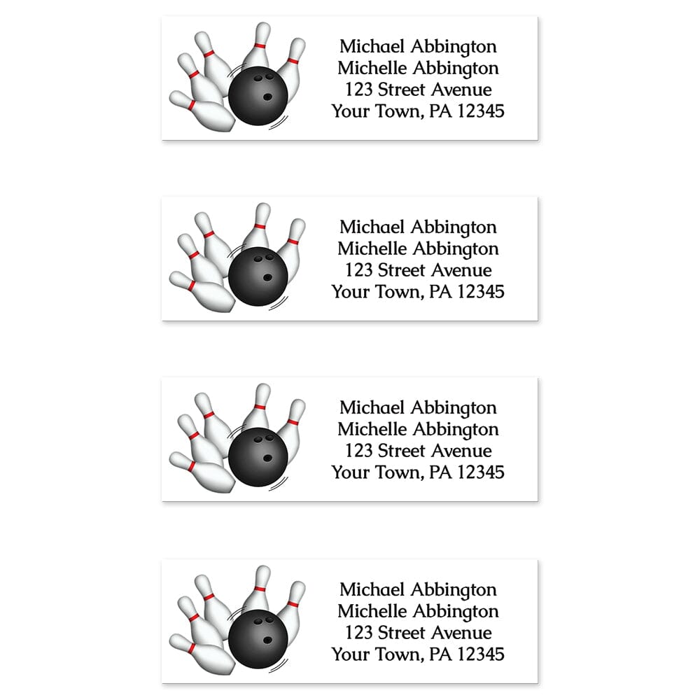 Bowling Ball and Pins Address Labels at Artistically Invited. Custom return address labels designed with a bowling illustration on the left side, featuring a bowling ball striking pins. Your personalized return address is custom printed in black to the right of the bowling design over a white background. Image shows 4 address labels.