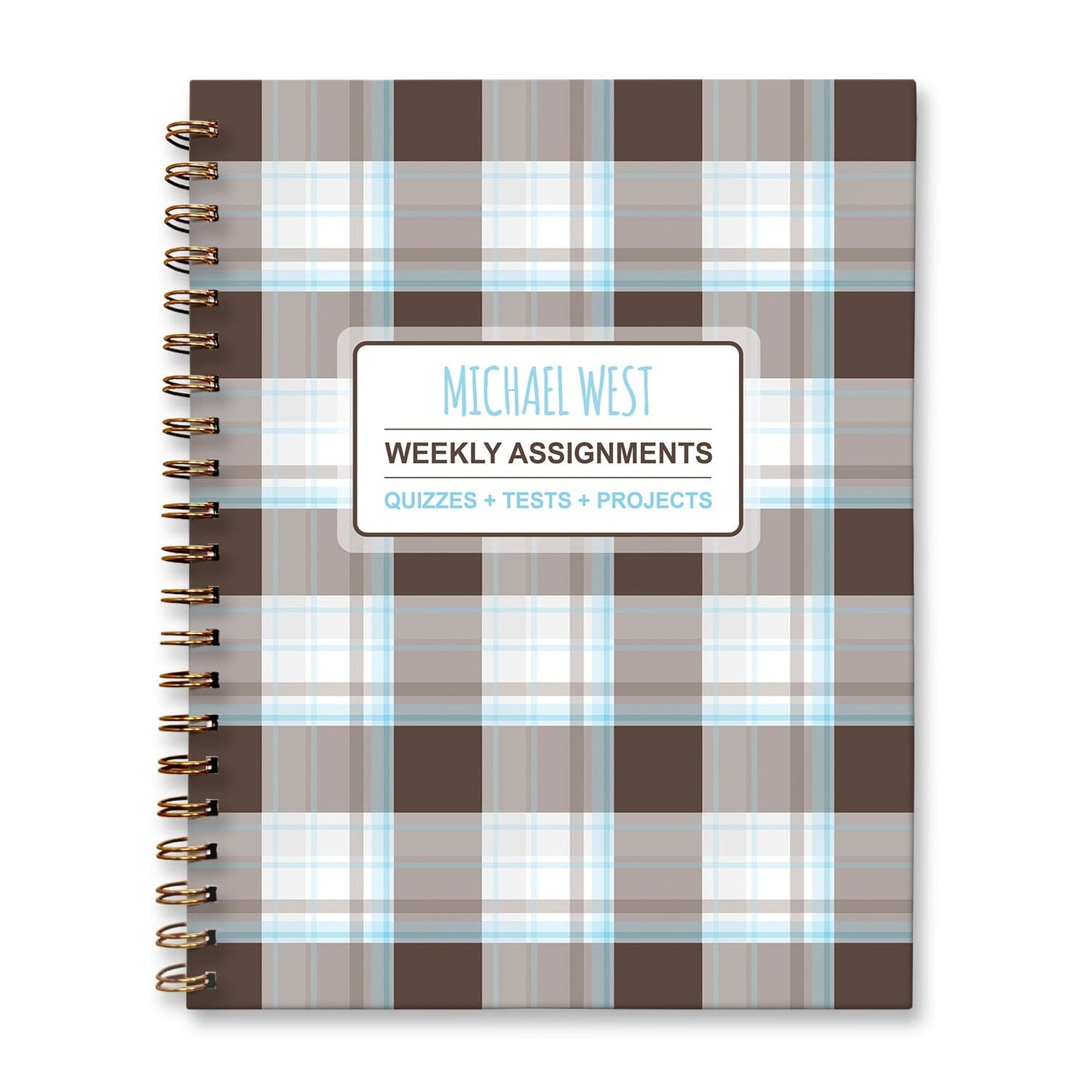 Personalized Brown Plaid Blue Weekly Assignments Book for students to track their homework, quizzes and tests, and projects every week for school.