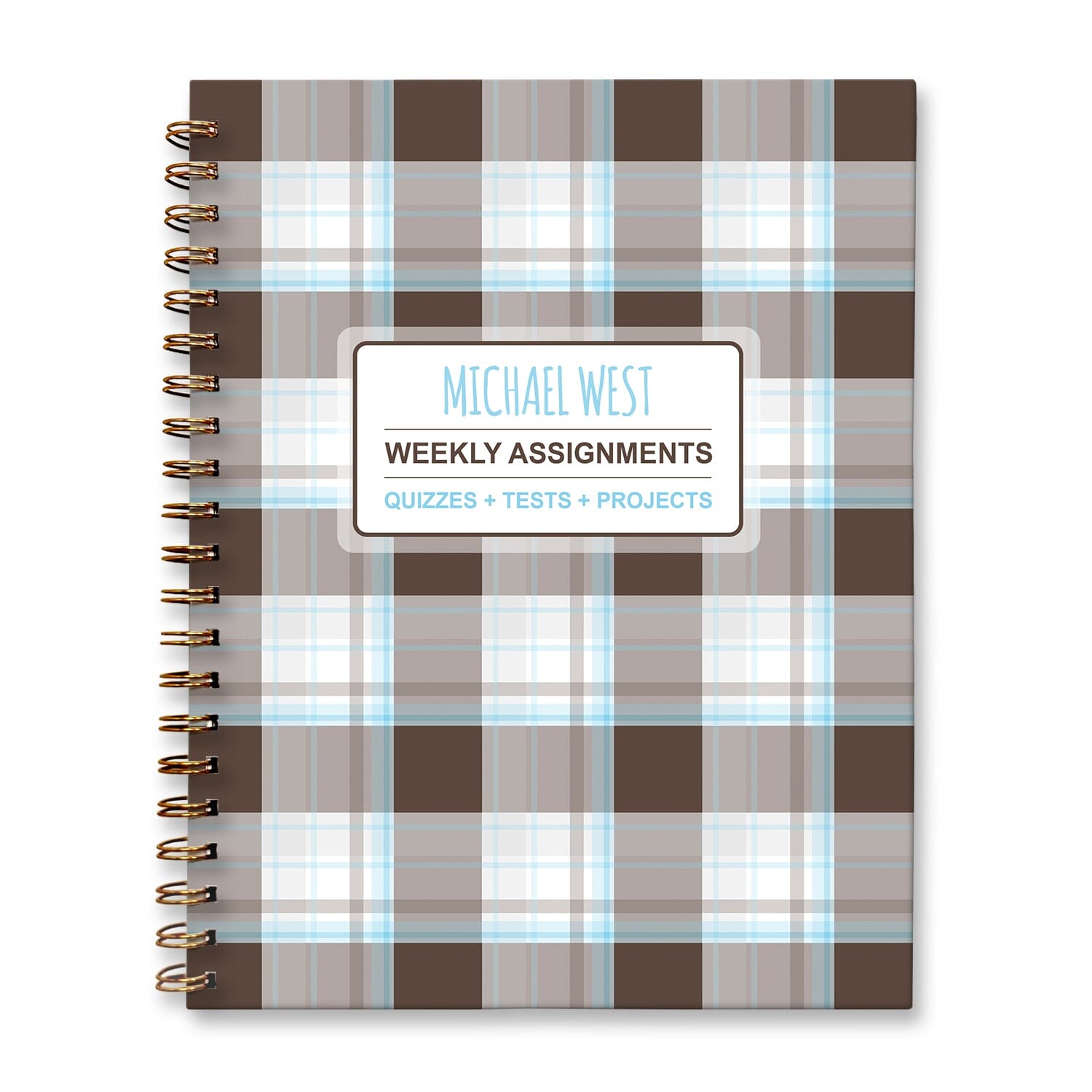 Personalized Brown Plaid Blue Weekly Assignments Book for students to track their homework, quizzes and tests, and projects every week for school.