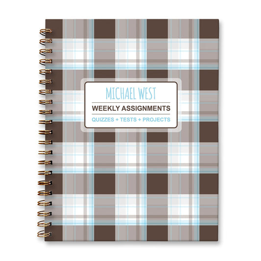 Personalized Brown Plaid Blue Weekly Assignments Book for students to track their homework, quizzes and tests, and projects every week for school.