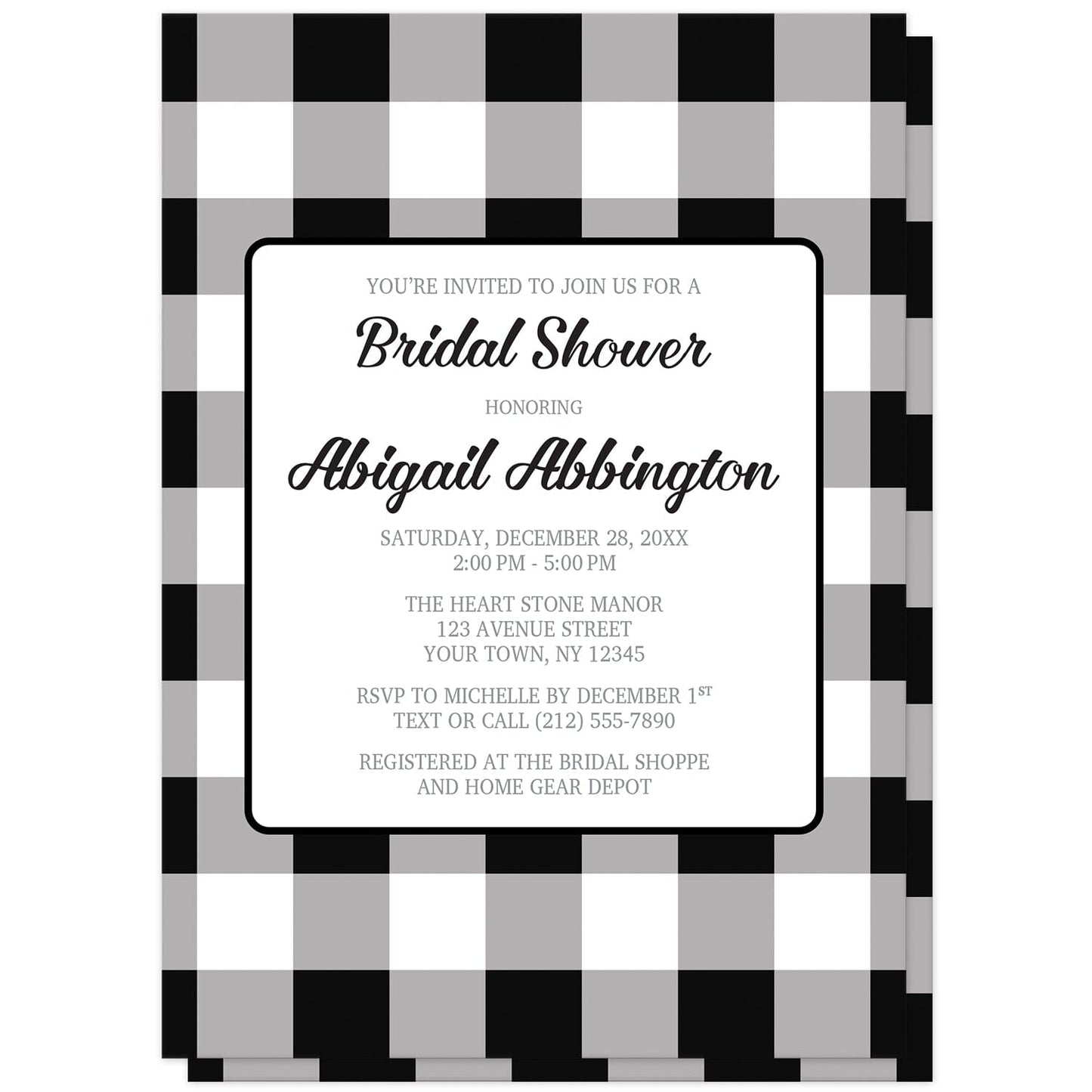 Black and White Buffalo Plaid Bridal Shower Invitations at Artistically Invited. Black and white buffalo plaid bridal shower invitations with a large black and white buffalo plaid (buffalo check) pattern background. Your personalized buffalo plaid bridal shower invitation details are arranged in black and gray inside a white rectangular area in the middle over the buffalo plaid background design.