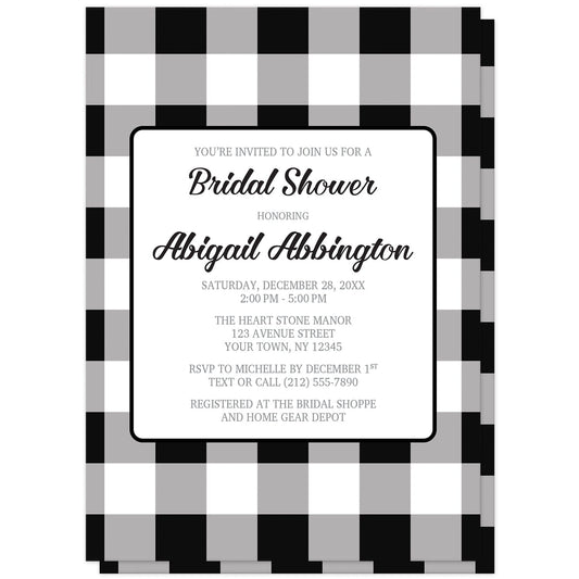 Black and White Buffalo Plaid Bridal Shower Invitations at Artistically Invited. Black and white buffalo plaid bridal shower invitations with a large black and white buffalo plaid (buffalo check) pattern background. Your personalized buffalo plaid bridal shower invitation details are arranged in black and gray inside a white rectangular area in the middle over the buffalo plaid background design.