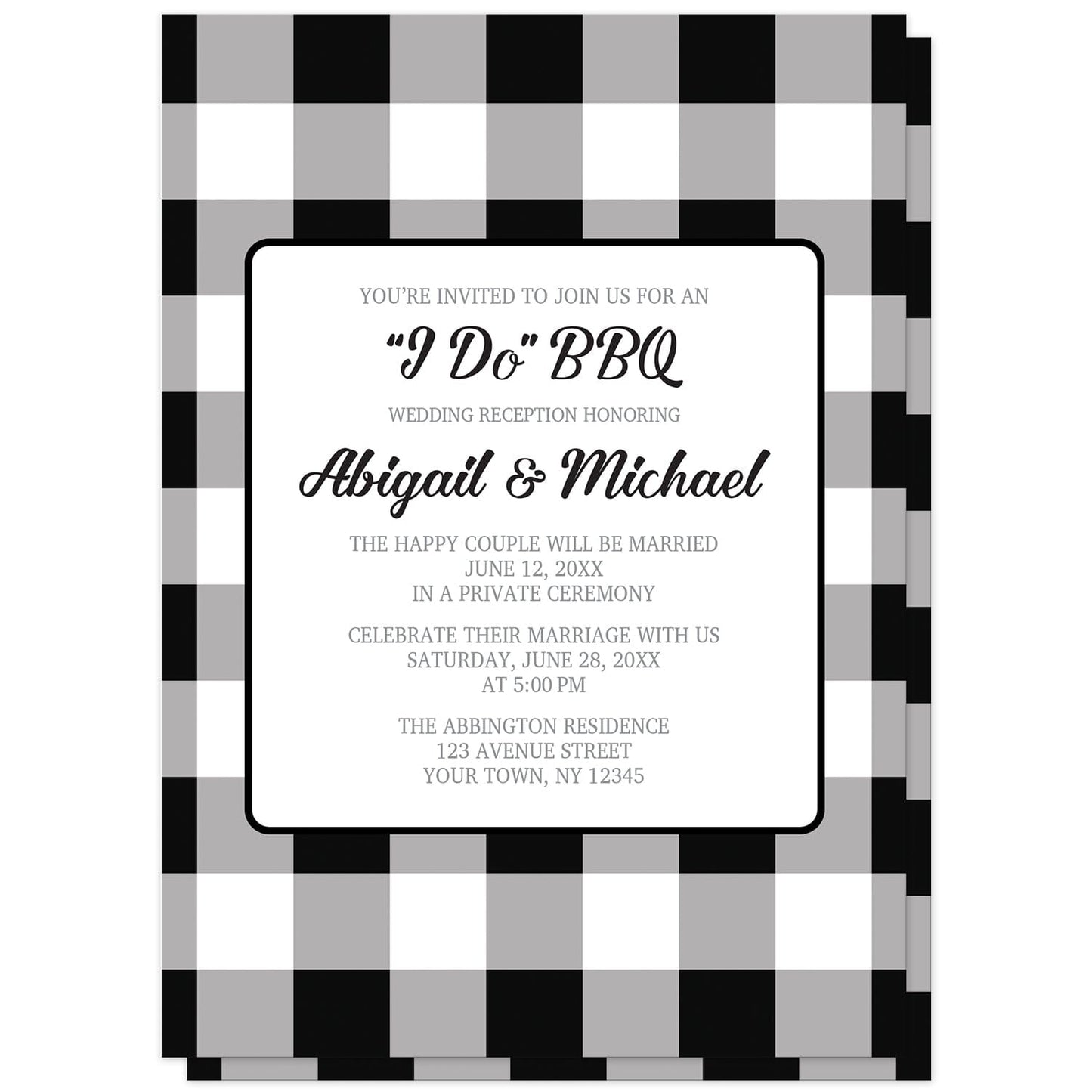 Black and White Buffalo Plaid I Do BBQ Reception Only Invitations at Artistically Invited. Buffalo plaid I Do BBQ reception only invitations with your personalized post-wedding reception details custom printed in black and gray inside a white rectangular area outlined in black. The background design is a black and white buffalo plaid (buffalo check) pattern which is also printed on the back side.