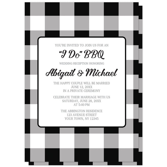 Black and White Buffalo Plaid I Do BBQ Reception Only Invitations at Artistically Invited. Buffalo plaid I Do BBQ reception only invitations with your personalized post-wedding reception details custom printed in black and gray inside a white rectangular area outlined in black. The background design is a black and white buffalo plaid (buffalo check) pattern which is also printed on the back side. 