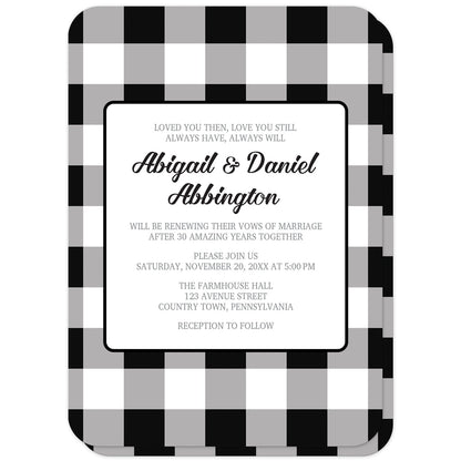 Black and White Buffalo Plaid Vow Renewal Invitations (with rounded corners) at Artistically Invited. Black and white buffalo plaid vow renewal invitations with a large black and white buffalo plaid (buffalo check) pattern background. Your personalized buffalo plaid vow renewal invitation details are custom printed in black and gray inside a white rectangular area in the middle over the buffalo plaid background design.