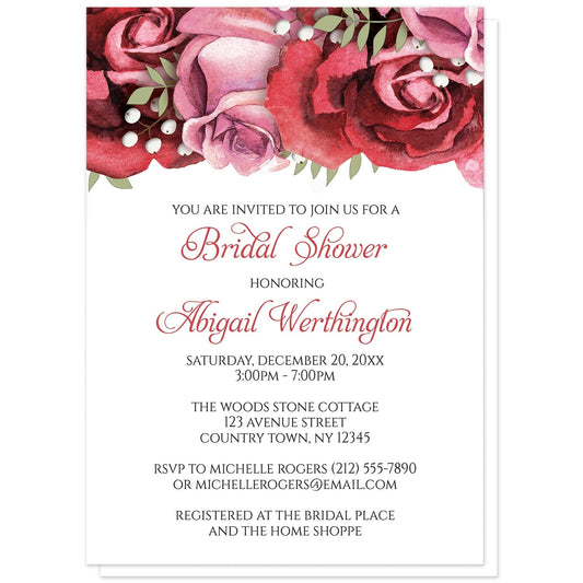 Burgundy Red Pink Rose Bridal Shower Invitations at Artistically Invited. Burgundy red pink rose bridal shower invitations with gorgeous burgundy red and pink roses along the top. Your personalized bridal shower celebration details are arranged in burgundy and black on white below the beautiful roses illustration.