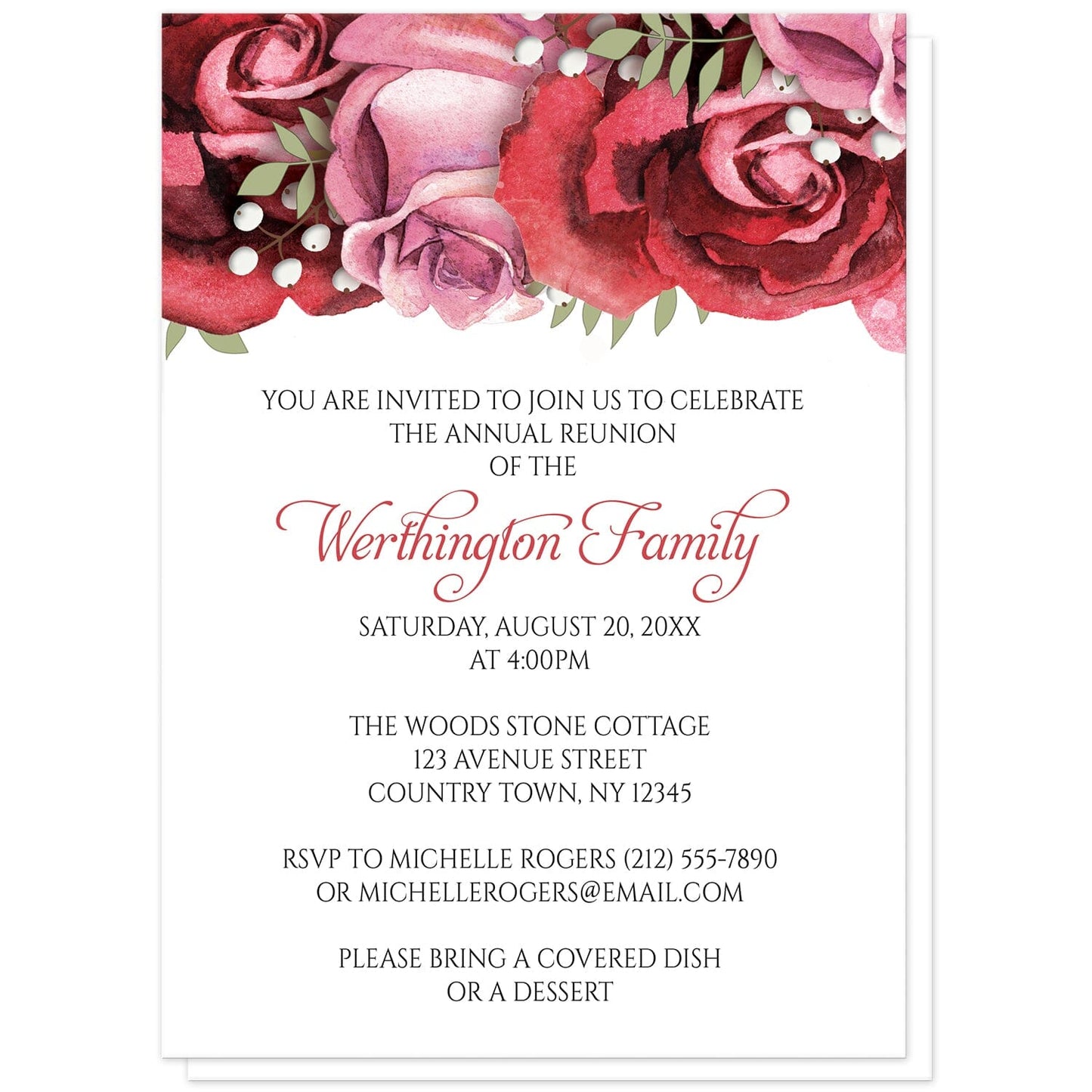 Burgundy Red Pink Rose Family Reunion Invitations at Artistically Invited. Pretty burgundy red pink rose family reunion invitations with gorgeous burgundy red and pink roses along the top. Your personalized family reunion celebration details are arranged in burgundy and black on white below the beautiful roses illustration.