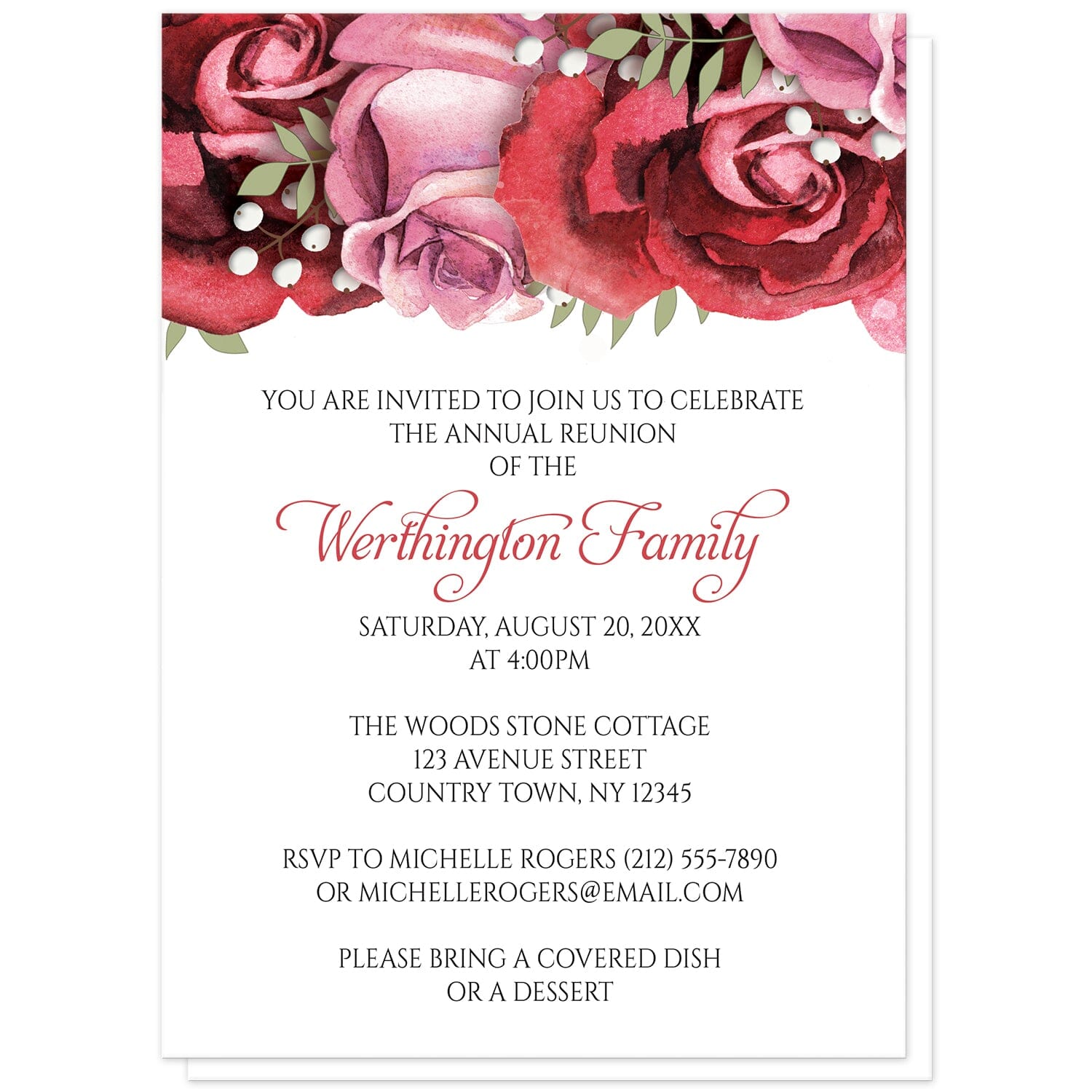 Burgundy Red Pink Rose Family Reunion Invitations at Artistically Invited. Pretty burgundy red pink rose family reunion invitations with gorgeous burgundy red and pink roses along the top. Your personalized family reunion celebration details are arranged in burgundy and black on white below the beautiful roses illustration.