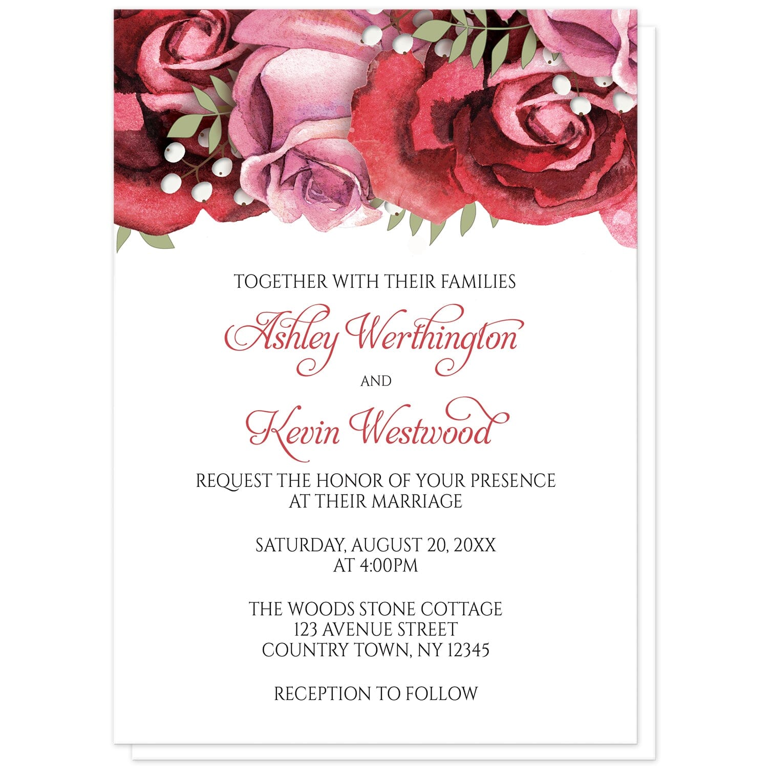 Burgundy Red Pink Rose Wedding Invitations at Artistically Invited. Beautiful burgundy red pink rose wedding invitations with gorgeous burgundy red and pink roses along the top. Your personalized marriage celebration details are custom printed in in burgundy and black on white below the pretty roses.
