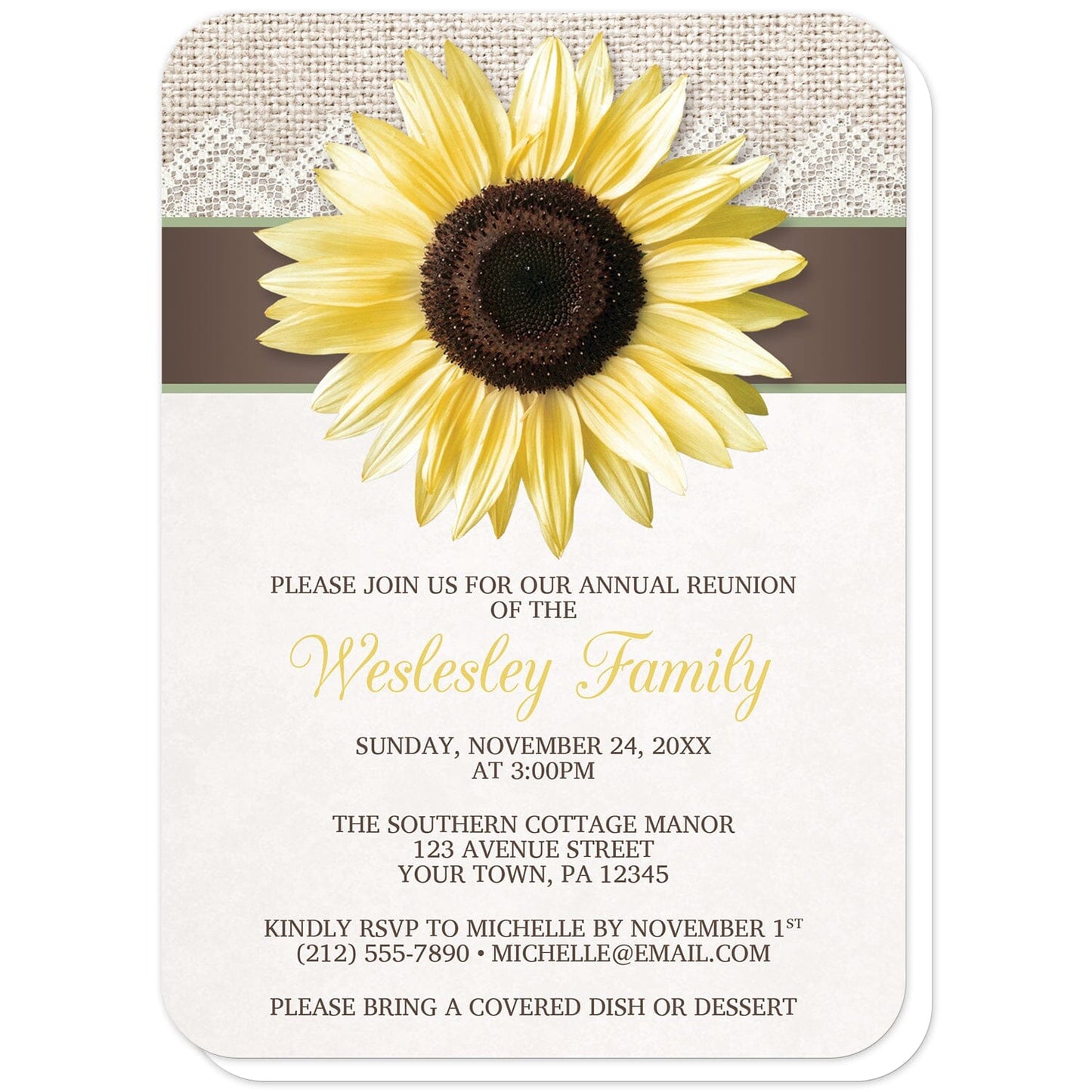 Burlap Lace Brown Sage Sunflower Family Reunion Invitations (with rounded corners) at Artistically Invited. Burlap lace brown sage sunflower family reunion invitations designed with a big yellow sunflower on a brown ribbon stripe with sage green edges and a rustic burlap and lace background illustration along the top of the invitations. Your personalized family reunion celebration details are custom printed in yellow and brown over a light beige background color below the sunflower design.