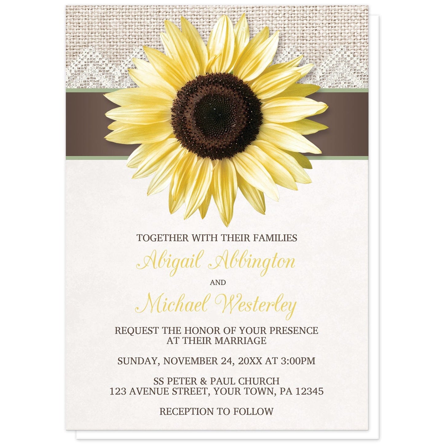 Burlap Lace Brown Sage Sunflower Wedding Invitations at Artistically Invited. Burlap lace brown sage sunflower wedding invitations with a lovely big yellow sunflower on a brown ribbon stripe with sage green edges and a rustic burlap and lace background illustration along the top of the invitations. Your personalized marriage celebration details are arranged in yellow and brown over a light beige background color below the sunflower design.