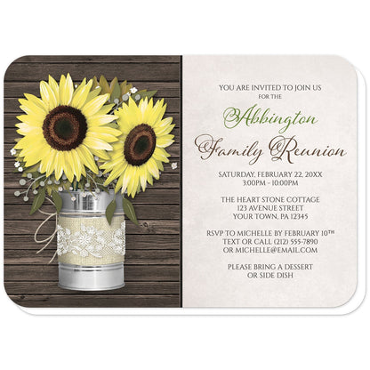 Rustic Burlap and Lace Tin Can Sunflower Family Reunion Invitations (with rounded corners) at Artistically Invited. Rustic burlap and lace tin can sunflower family reunion invitations with an illustration of big yellow sunflowers inside a rustic metal tin can wrapped in burlap and lace and tied with twine over a dark wood background. Your personalized family reunion celebration details are custom printed in green and brown over a beige background to the right of the tin can sunflowers.