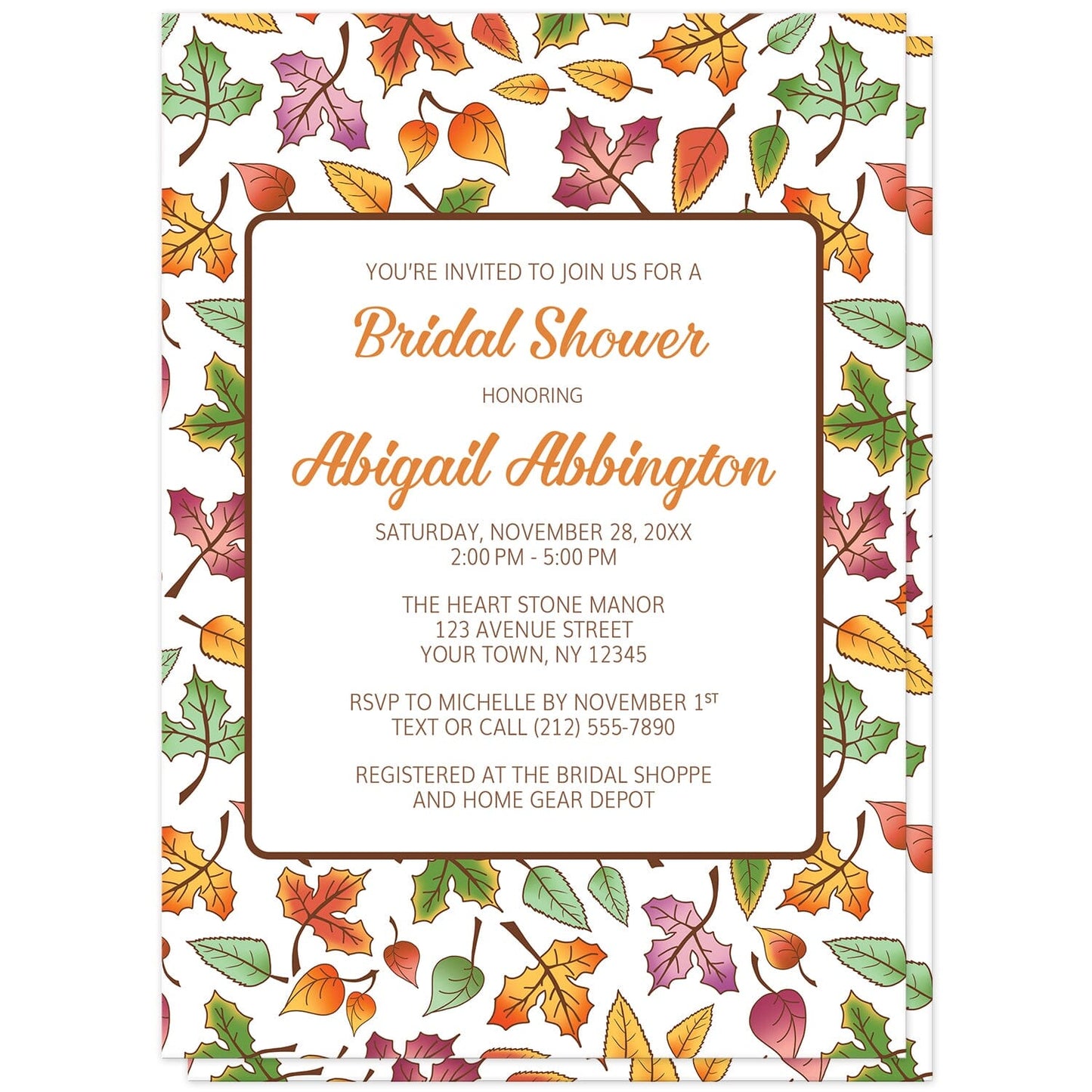 Changing Leaves Fall Bridal Shower Invitations at Artistically Invited. Colorful changing leaves fall bridal shower invitations designed with an autumn leaves pattern in green, orange, purple, and yellow. Your personalized bridal shower celebration details are custom printed in orange and brown on white over the pretty changing leaves fall pattern.