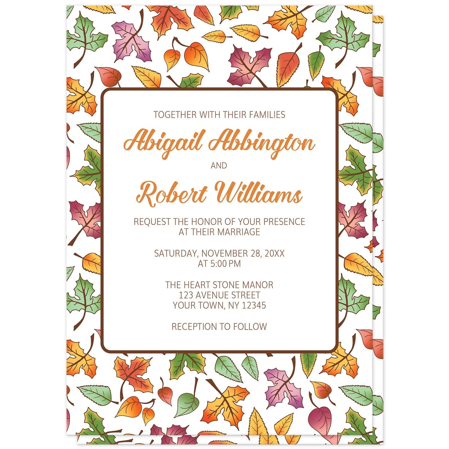Changing Leaves Fall Wedding Invitations at Artistically Invited. Colorful changing leaves fall wedding invitations designed with an autumn leaves pattern in green, orange, purple, and yellow. Personalize these invitations with your marriage occasion details. They're a gorgeous option for any couple who loves the fall season and autumn designs as they're covered in this fall leaves pattern on the front of the invitations.