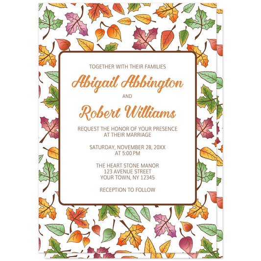 Changing Leaves Fall Wedding Invitations at Artistically Invited. Colorful changing leaves fall wedding invitations designed with an autumn leaves pattern in green, orange, purple, and yellow. Personalize these invitations with your marriage occasion details. They're a gorgeous option for any couple who loves the fall season and autumn designs as they're covered in this fall leaves pattern on the front of the invitations.