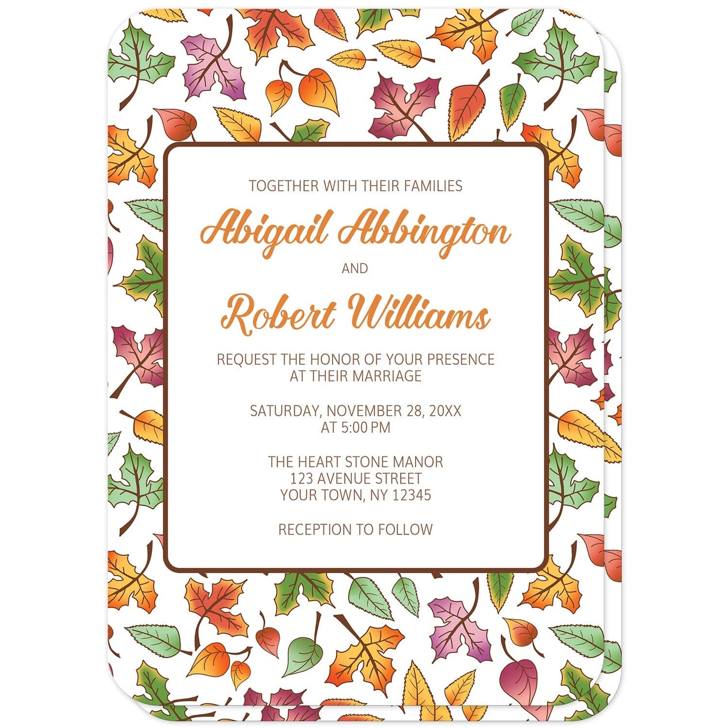 Changing Leaves Fall Wedding Invitations (with rounded corners) at Artistically Invited. Colorful changing leaves fall wedding invitations designed with an autumn leaves pattern in green, orange, purple, and yellow. Personalize these invitations with your marriage occasion details. They're a gorgeous option for any couple who loves the fall season and autumn designs as they're covered in this fall leaves pattern on both the front and back of the invitations.