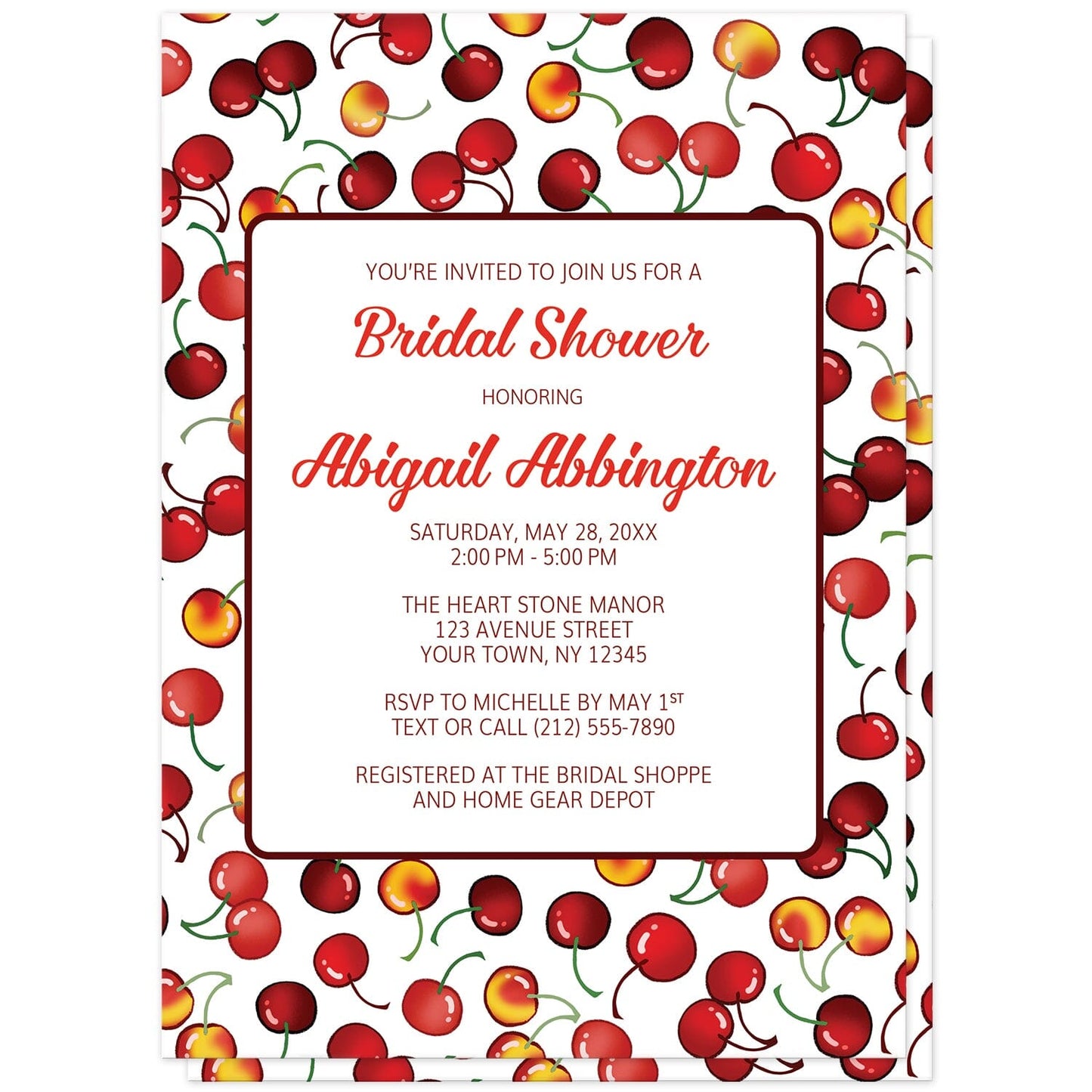 Cherries Bridal Shower Invitations at Artistically Invited. Cherries Bridal Shower Invitations designed with an illustrated fruit-inspired pattern background with different types of cherries. Your personalized bridal shower celebration details are arranged in two shades of red on white over the cherries pattern. This fun cherry pattern is also printed on the back side of the invites.
