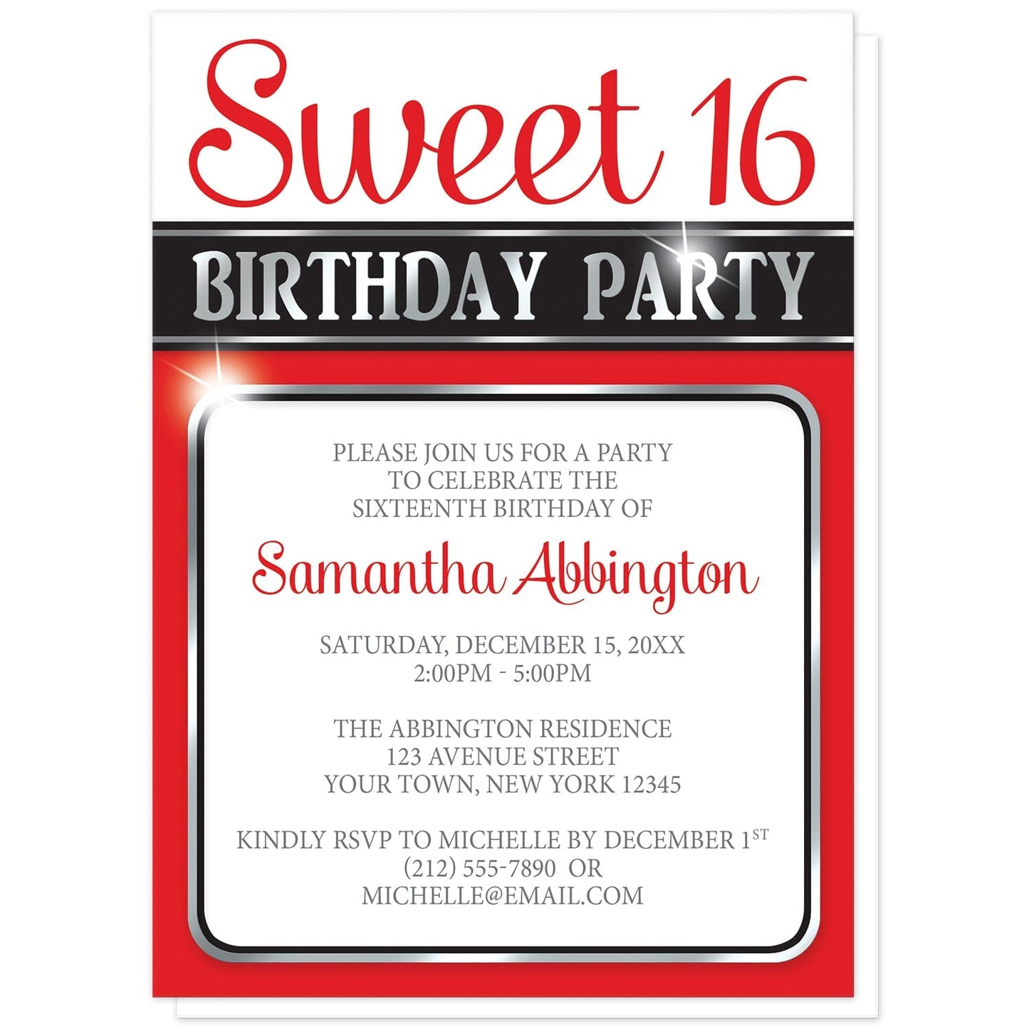 Classy Red and Silver Sweet 16 Birthday Party Invitations at Artistically Invited. Modern and classy red and silver sweet 16 invitations in a red, black and silver-colored design. These sweet sixteen invitations have the occasion title at the top in red and a silver-colored design and your personalized party details are arranged in gray and red inside a white frame with rounded corners. This frame design is outlined in black and a silver-color over a red background.