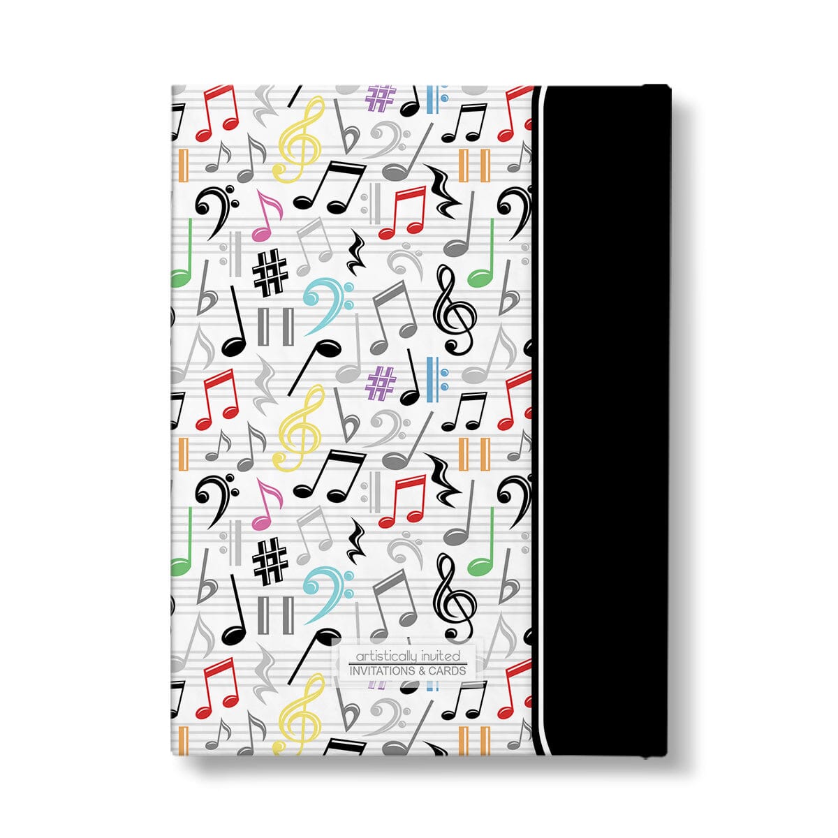 Personalized Colorful Music Notes Pattern Journal at Artistically Invited. Back side of the book.