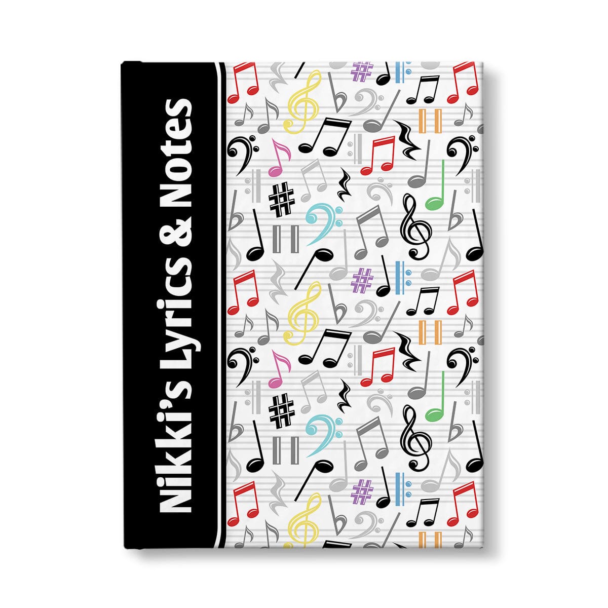 Personalized Colorful Music Notes Pattern Journal at Artistically Invited. A custom book designed with a black color block wrapping around the spine area over an energetic pattern of black, gray, and rainbow-inspired colorful music notes and symbols on the rest of the background. Your personalized name and text of your choice is custom printed sideways in white over the black color on the front near the spine.
